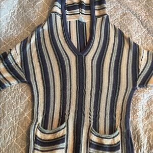 Roxy Women's V-Neck Striped Sweater Hoodie Cover Up- Navy and Cream